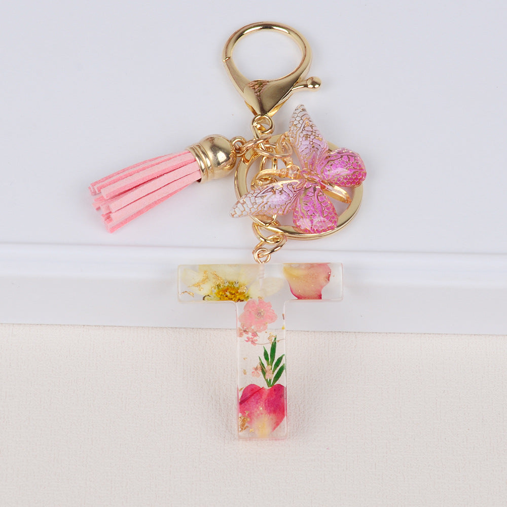 卸売ドライフラワーレター樹脂キーホルダー